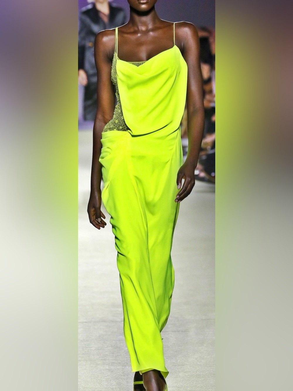 Versace SS 2019 Neon Yellow Silk & Beaded Grecian Draped Gown 38IT